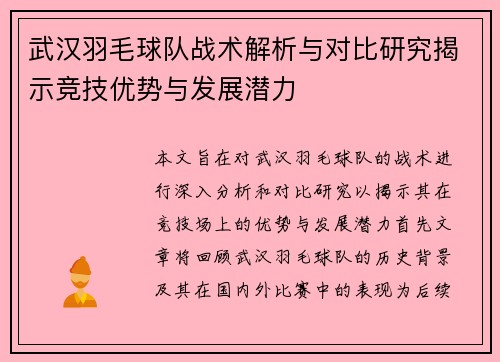 武汉羽毛球队战术解析与对比研究揭示竞技优势与发展潜力